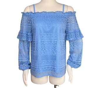 Parker "Jordana" Off Shoulder Boho Style Eyelet Lace Top Powder Blue Size Large